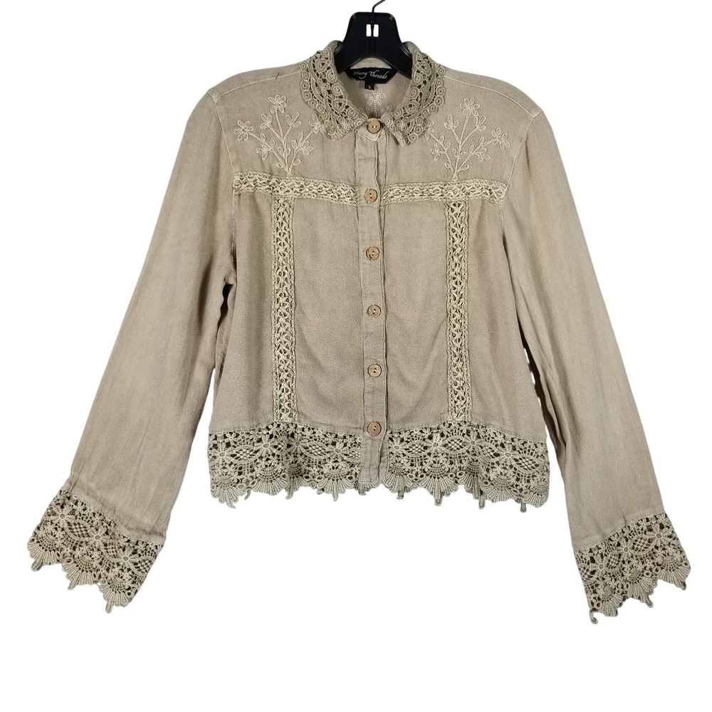 Young Threads Button Front Top Women S Tan Crochet Lace Floral Boho Embroidery